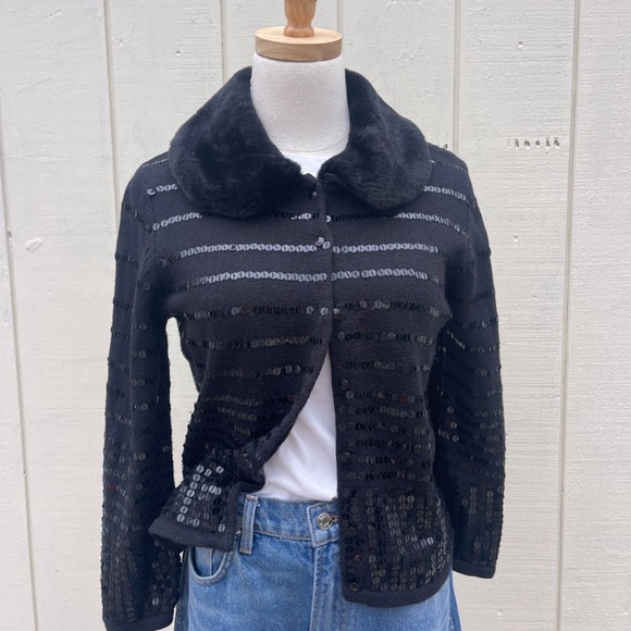 Elana Carello Black Sequin Sweater with Faux Fur Trim Size Small - Picture 3 of 8